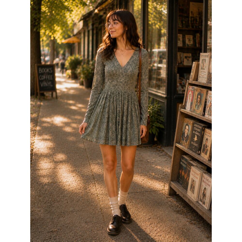 Vintage Rewind Floral Babydoll Dress Indie Twee 90s Grunge XS Sage Green